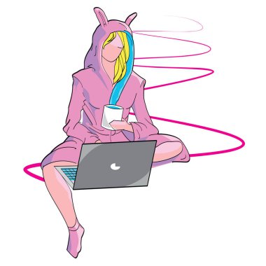 Sabahlık giymiş genç bir kızın robot resmi. Evde tek başına çalışıyor.