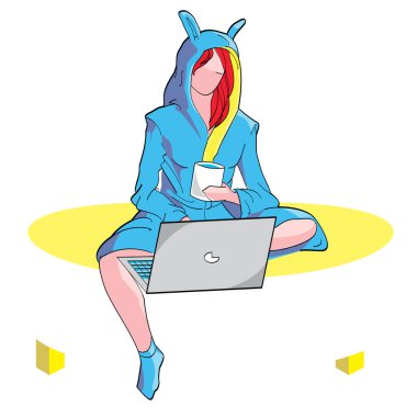 Sabahlık giymiş genç bir kızın robot resmi. Evde tek başına çalışıyor.