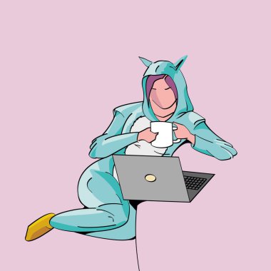 Pembe arka planda dizüstü bilgisayarı olan bir kızın vektör çizimi