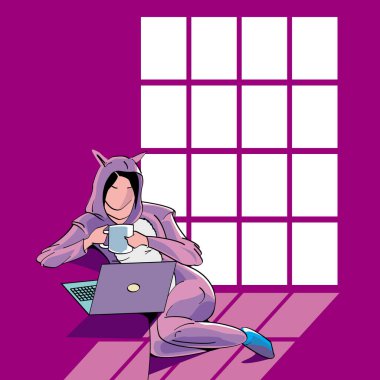 Gecelik giymiş genç bir kızın çizimi. Evde çalışıyor. Arkasında büyük bir pencere var.