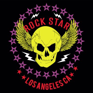 Kanatlı bir kafatası için vektör tasarımı, kırmızı yıldızlardan oluşan bir daire ve siyah arkaplanda sarı harfler..