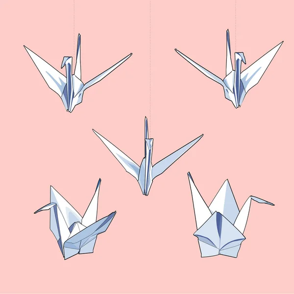 Çeşitli Pozisyonlarda Asılı Origami Kağıt Vinçlerinin Vektör Illüstrasyonu — Stok Vektör