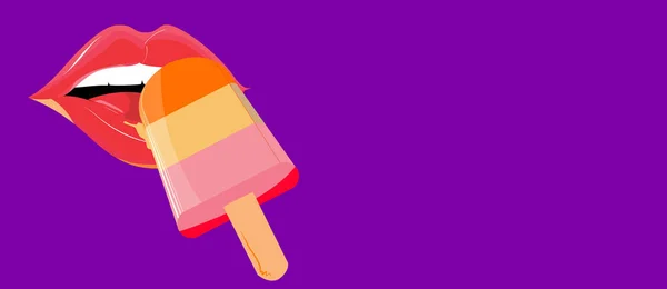 Kırmızı dudaklı bir kadının mavi bir çubuk dondurma tatmasının vektör çizimi.
