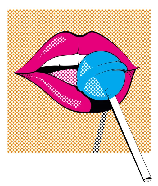 Beyaz üzerinde izole edilmiş lolipop deneyen kırmızı dudaklı bir kadının pop çizimi