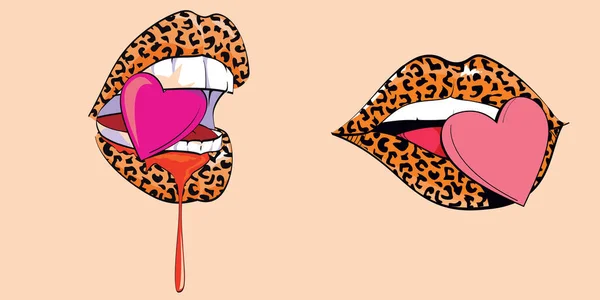 一套两只动物印出来的嘴唇在橙色背景下咬着一颗粉红的心 — 图库矢量图片