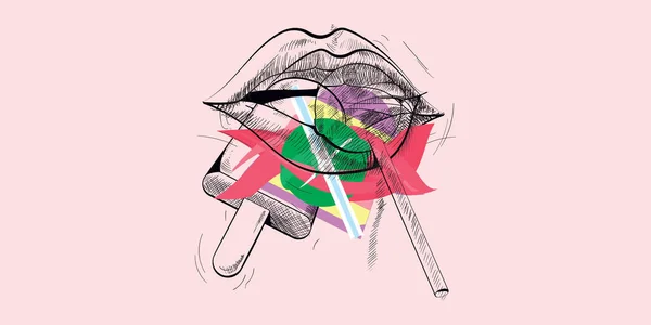 Dudakların, lolipopların ve dondurmanın vektör çizimi