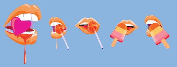 Şeker, dondurma yiyen dudaklar ve açık mavi arka planda bir kalp.