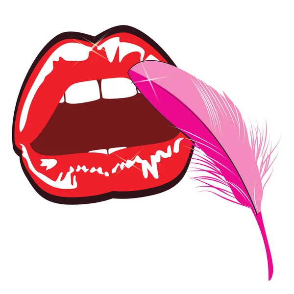 Set Rode Lippen Roze Veer Witte Achtergrond — Stockvector