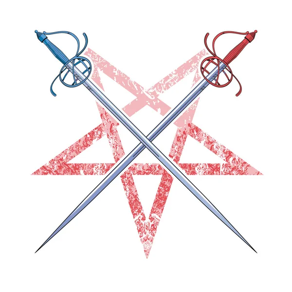 Διανυσματική Απεικόνιση Δύο Σταυρωτών Σπαθιών Πεντάλφα Heraldic Θέμα Σχέδιο Για — Διανυσματικό Αρχείο