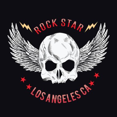 Siyah arkaplanda beyaz kanatlı ve kırmızı harfli bir kafatası tişörtü için vektör tasarımı.