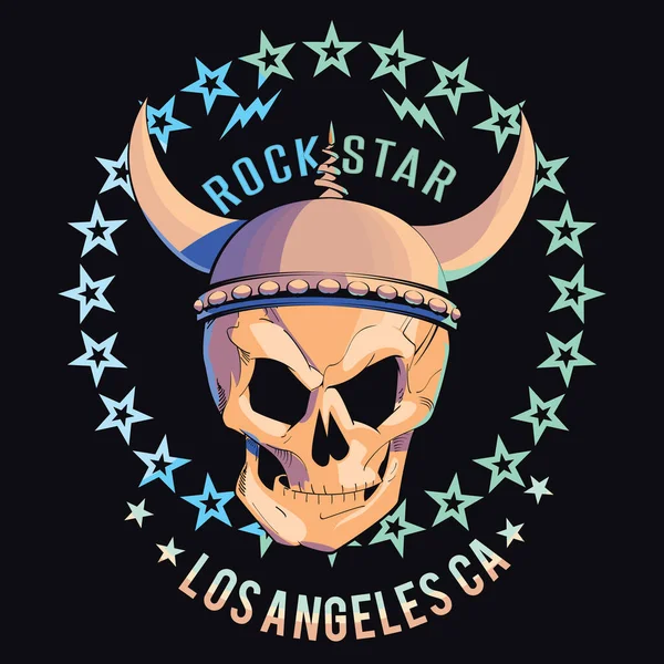 Bir Viking kafatası tişörtü için vektör tasarımı, yeşil yıldızlardan oluşan bir daire ve siyah arkaplanda harflerle..