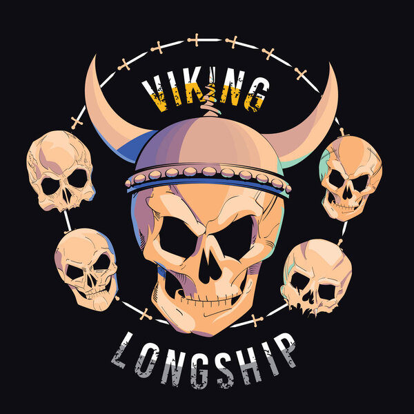 векторная иллюстрация черепа с шлемом викинга в окружении маленьких черепов на черном фоне. Рисунок головы для футболок или плакатов.