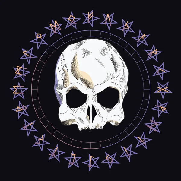 Shirt Motif Vectoriel Crâne Sur Une Étoile Inversée Caractères Runiques — Image vectorielle