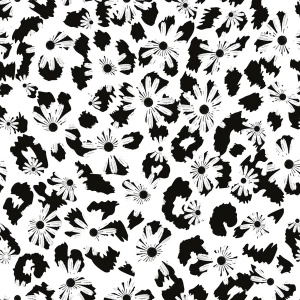 连续的黑白动物印刷品设计与雏菊相结合 纺织业的无缝模式 — 图库矢量图片