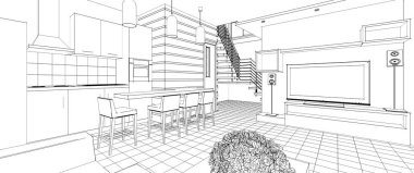 İç mutfak oturma odası 3D görüntü