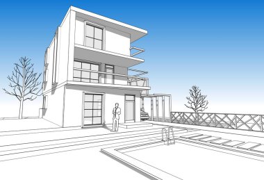 konsol çizimi ile modern ev 3d illüstrasyon