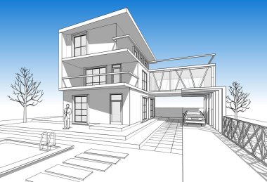 konsol çizimi ile modern ev 3d illüstrasyon