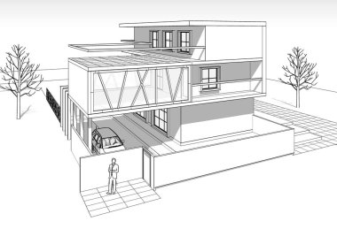 konsol çizimi ile modern ev 3d illüstrasyon