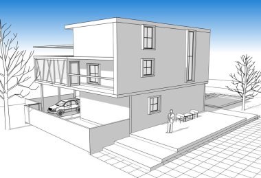 konsol çizimi ile modern ev 3d illüstrasyon