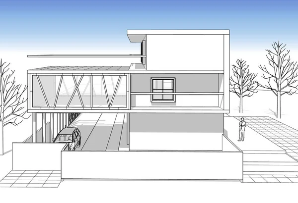 带有控制台草图的现代房屋3D插图 — 图库照片