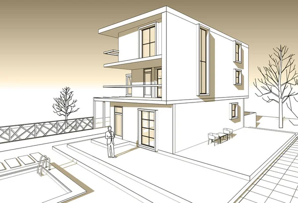 带有控制台草图的现代房屋3D插图 — 图库照片