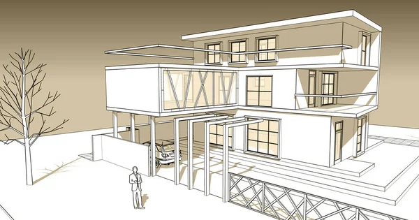 带有控制台草图的现代房屋3D插图 — 图库照片