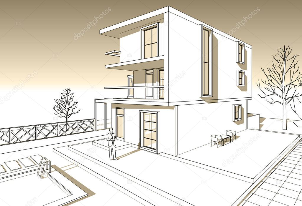 modern house with console sketch 3d illustration
