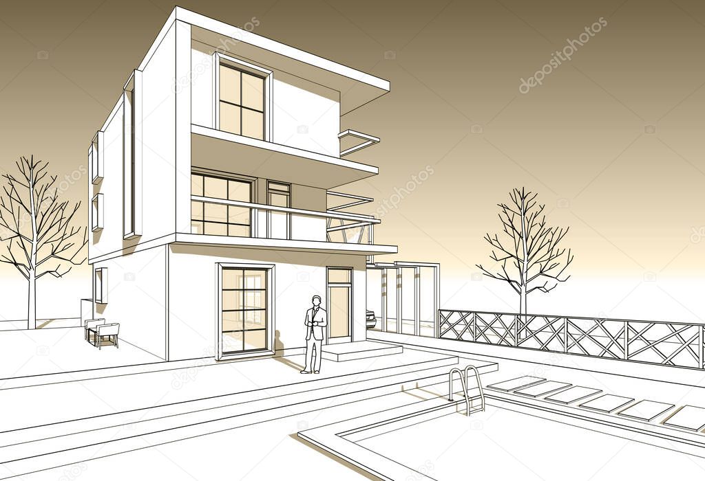 modern house with console sketch 3d illustration