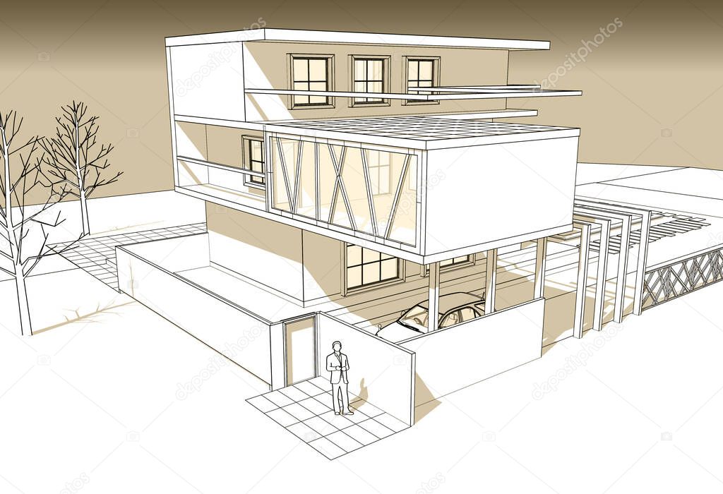 modern house with console sketch 3d illustration