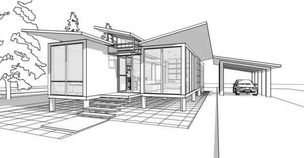 现代房屋草图3D插图 — 图库照片