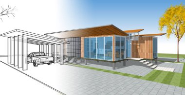 Modern ev çizimi 3d illüstrasyon