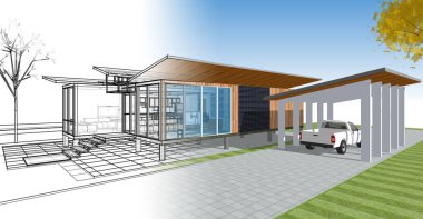 Modern ev çizimi 3d illüstrasyon