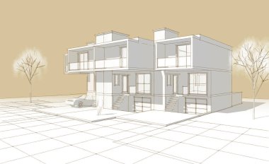 Modern mimari konağı çizimi 3D illüstrasyon