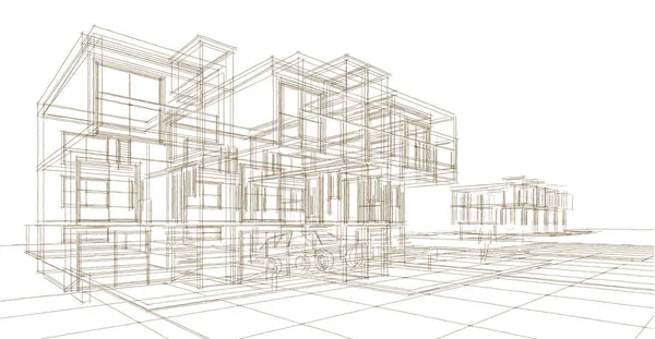 现代建筑城楼草图3D插图 — 图库照片