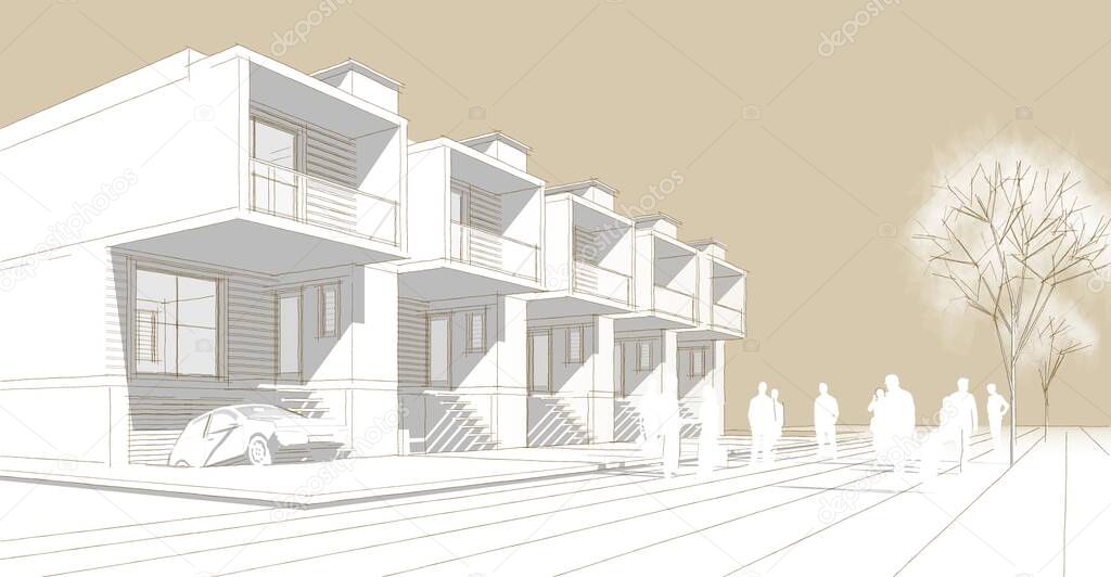 modern architecture townhouse sketch 3d illustration