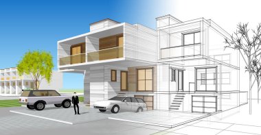 Kasaba mimarisi çizimi 3D illüstrasyon