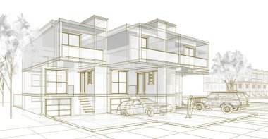 Kasaba mimarisi çizimi 3D illüstrasyon