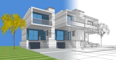 Kasaba mimarisi çizimi 3D illüstrasyon