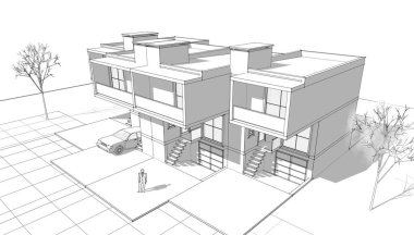 Kasaba mimarisi çizimi 3D illüstrasyon