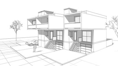 Kasaba mimarisi çizimi 3D illüstrasyon