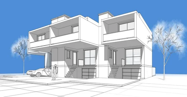 Renderização em 3d de uma casa moderna com fachada escura. casa com janelas  panorâmicas e terraço. tijolo