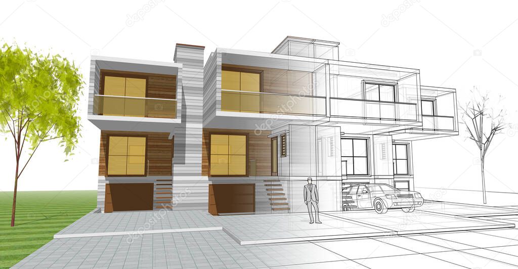 townhouse architectural sketch 3d illustration