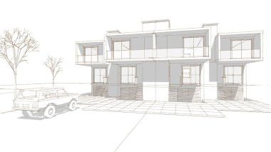 Kasaba mimarisi çizimi 3D illüstrasyon