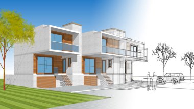 Kasaba mimarisi çizimi 3D illüstrasyon