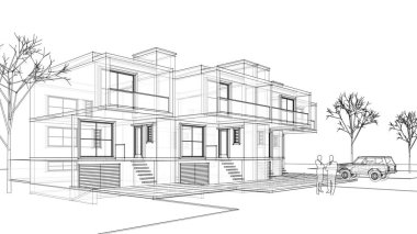 Kasaba mimarisi çizimi 3D illüstrasyon