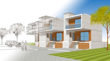 Kasaba mimarisi çizimi 3D illüstrasyon