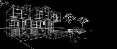 Kasaba mimarisi çizimi 3D illüstrasyon