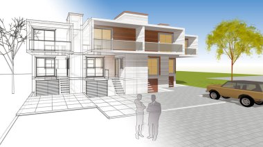 Kasaba mimarisi çizimi 3D illüstrasyon