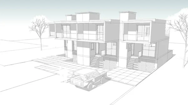 别墅建筑草图3D图解 — 图库照片