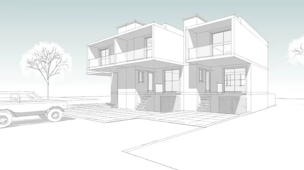 别墅建筑草图3D图解 — 图库照片